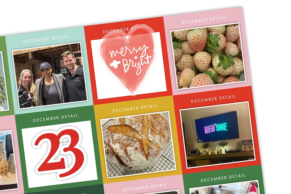Collage with "December Detail" frames: people posing, Merry + Bright heart, white strawberries, bread, number 23, and a TV with "Red One."