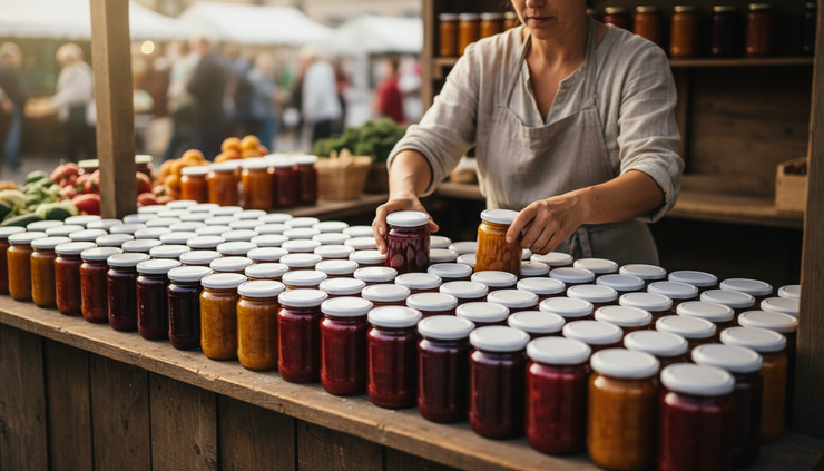 Wide-angle view of an artisan arranging jars of homemade jam on a wooden market stall.
