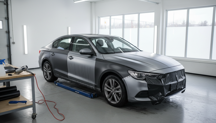 Eye-level view of a sedan being prepared for a matte vinyl wrap