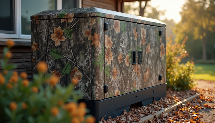 Close-up view of a standby generator wrapped in woodland camouflage vinyl