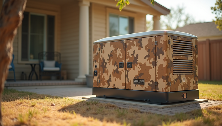 Eye-level view of a desert camo vinyl wrap on a standby home generator in a sunny backyard