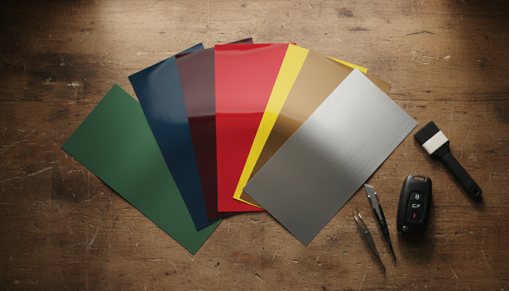 Overhead view of vinyl color swatches on a workshop table beside a vehicle key
