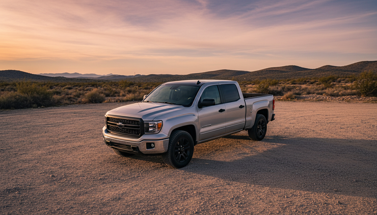 Wide-angle view of a pickup truck with a black roof wrap on a gravel turnout.
