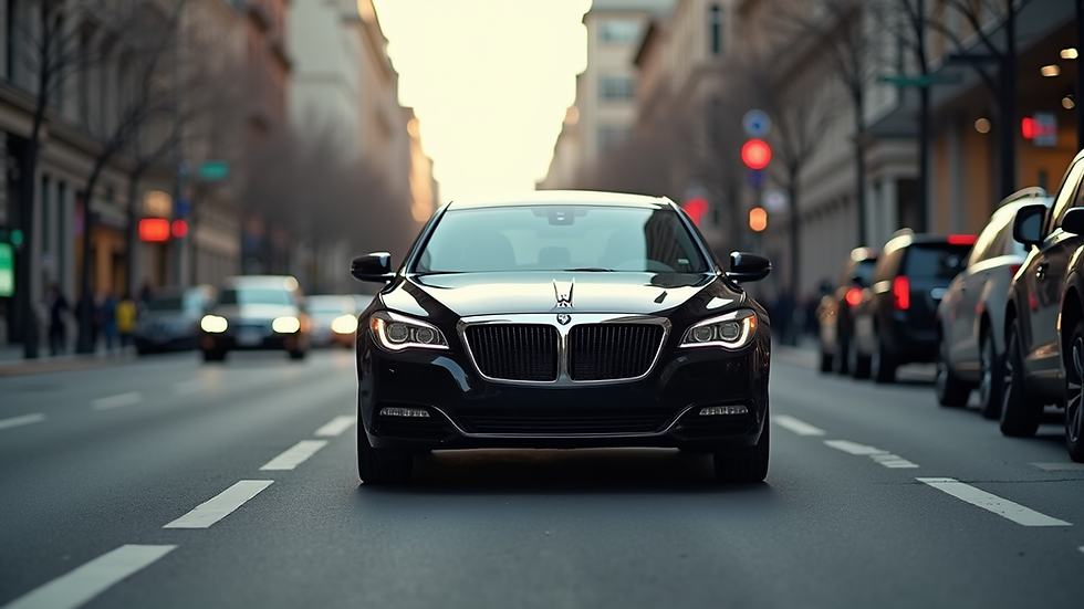 Eye-level view of a luxury black sedan parked in a city street