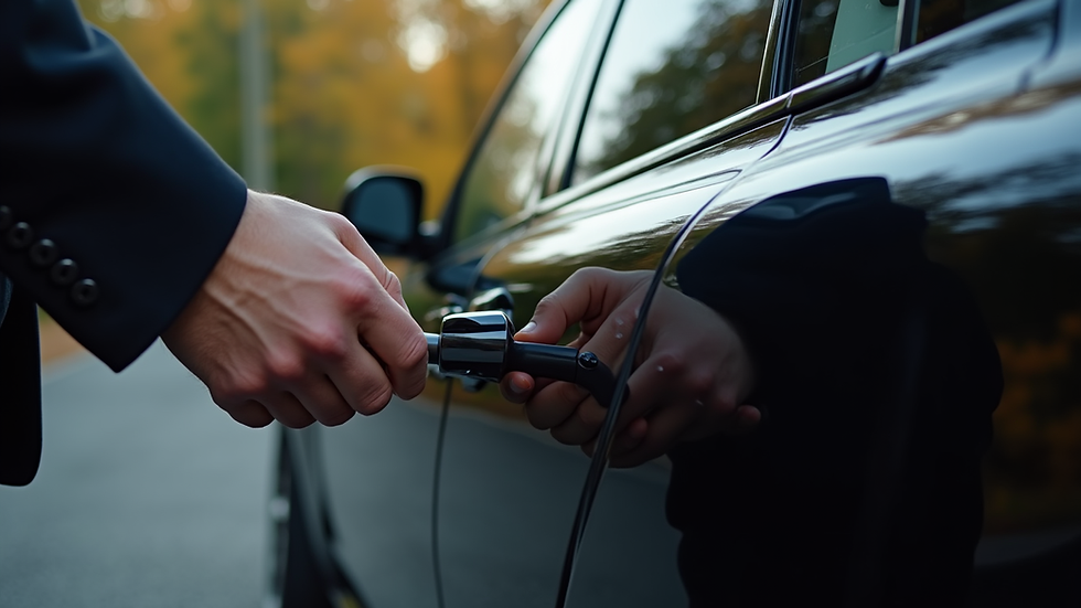 Close-up view of a chauffeur opening the door of a black luxury car