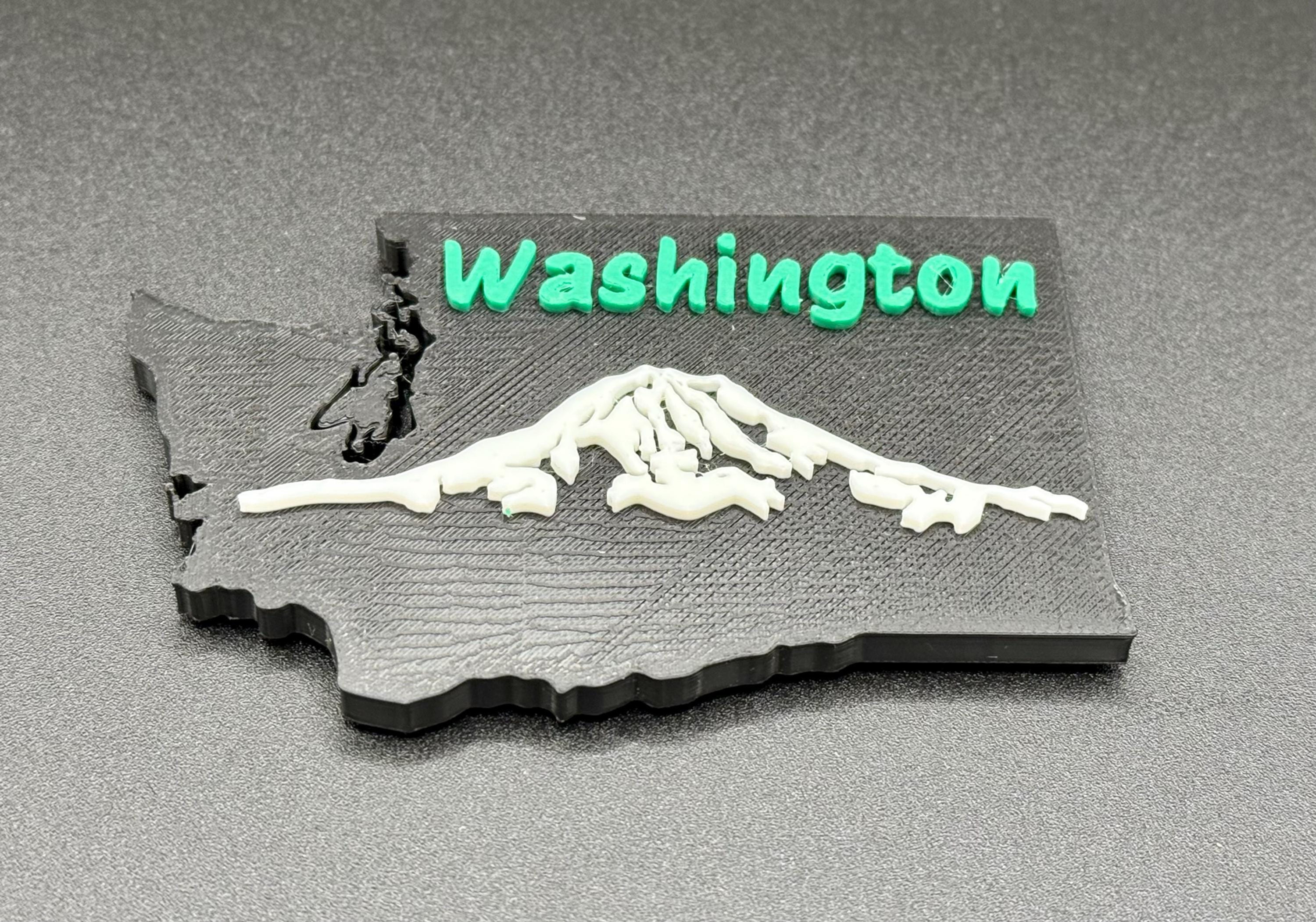 3D Printed Washington State Fridge Magnet with Raised Mount Rainier
