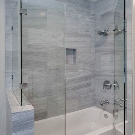 Mampara de ducha abatible tina  en L con accesorios de acero inoxidable