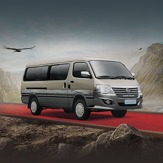 The image shows a King Long Golden Dragon, a minibus manufactured by Golden Dragon Bus, a leading bus manufacturer in China. The vehicle is depicted on what appears to be a red carpet or road, set against a backdrop of a cloudy sky and mountainous terrain. The Golden Dragon minibus is known for its state-of-the-art vehicle body and environmentally friendly paint. It is available in various models, including the V3 series, and is used for city transportation, intercity travel, and tourism. The Golden Dragon Haice model was also noted as a top-selling vehicle in Egypt in 2012.