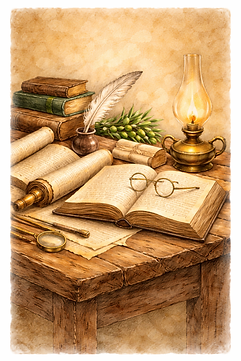 Table with a book and a scroll, oil light.