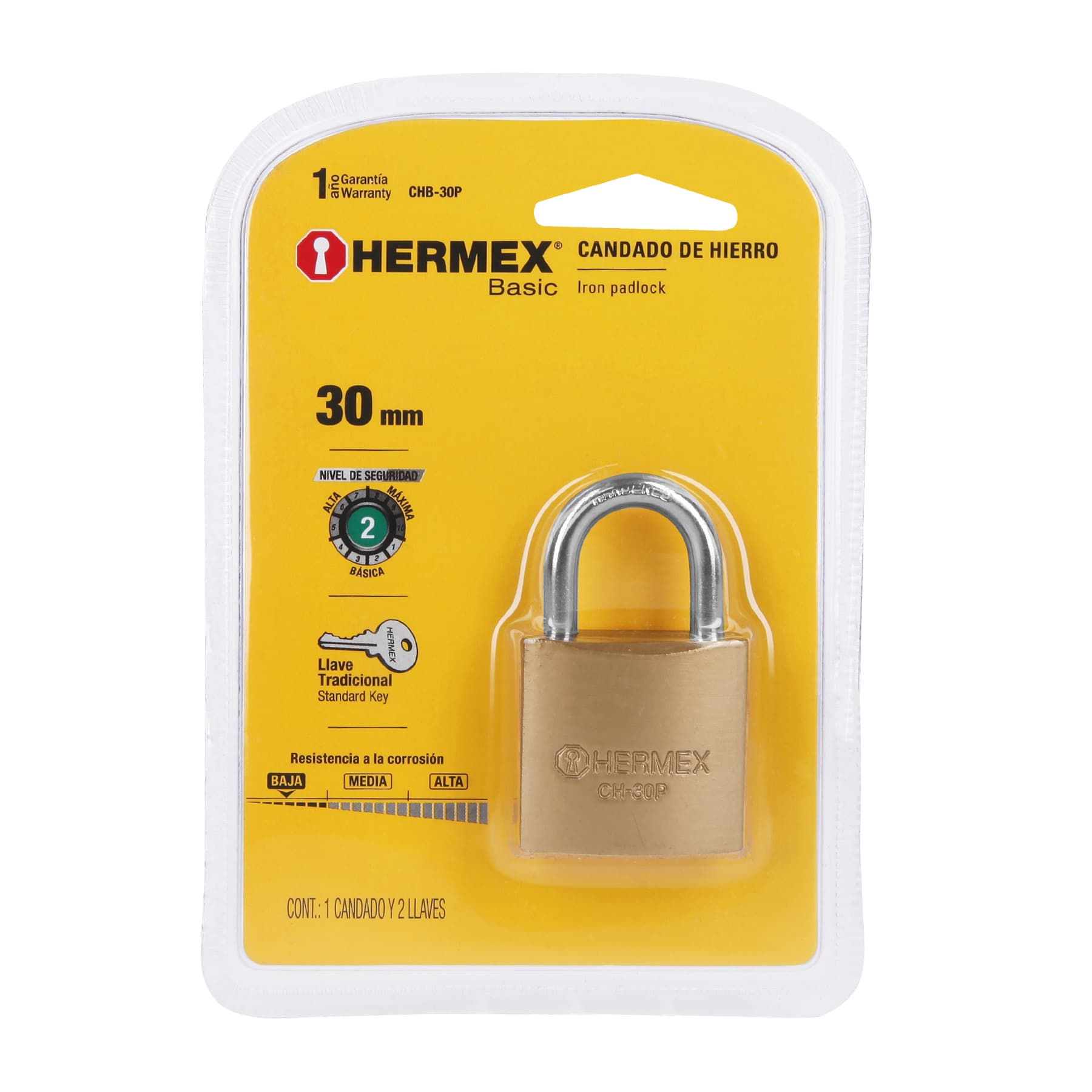 BRASS-COLOURED IRON PADLOCK, 30 MM, SHORT, BLISTER, BASIC (23523)