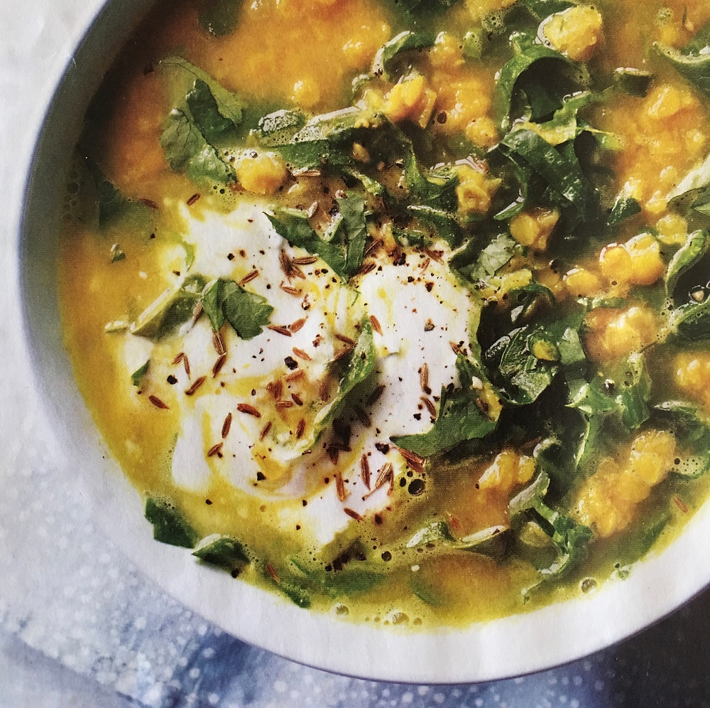 Seasonal spiced red lentil, turmeric and spring greens soup