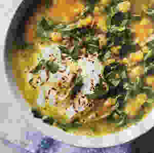Seasonal spiced red lentil, turmeric and spring greens soup