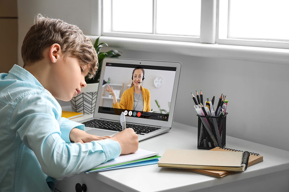 Boy writing in notebook with online tutor on computer screen.