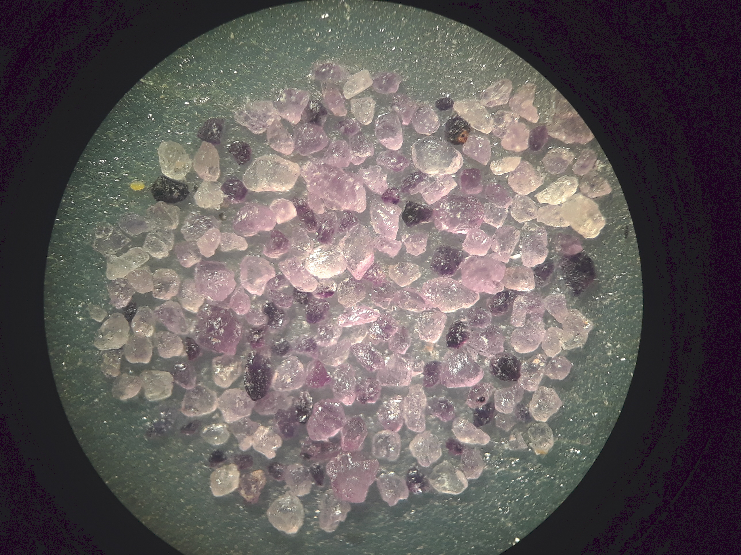 Fluorite particles of +200 microns pulled from original slide sample