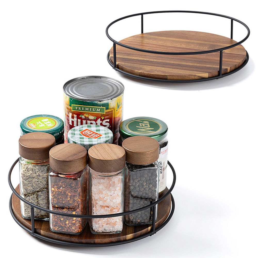 LMETJMA Acacia Wood Lazy Susan Turntable with Metal Frame Kitchen Susans Organiz