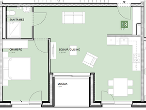 2.5 pièces  avec encadrement - 1er étage Sud , 57.0m2