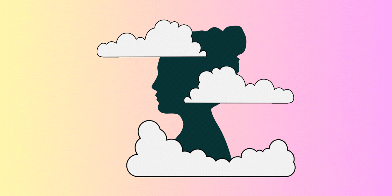 A female silhouette with illustrated clouds obscuring her face over a gradient pink-yellow background, representing ADHD