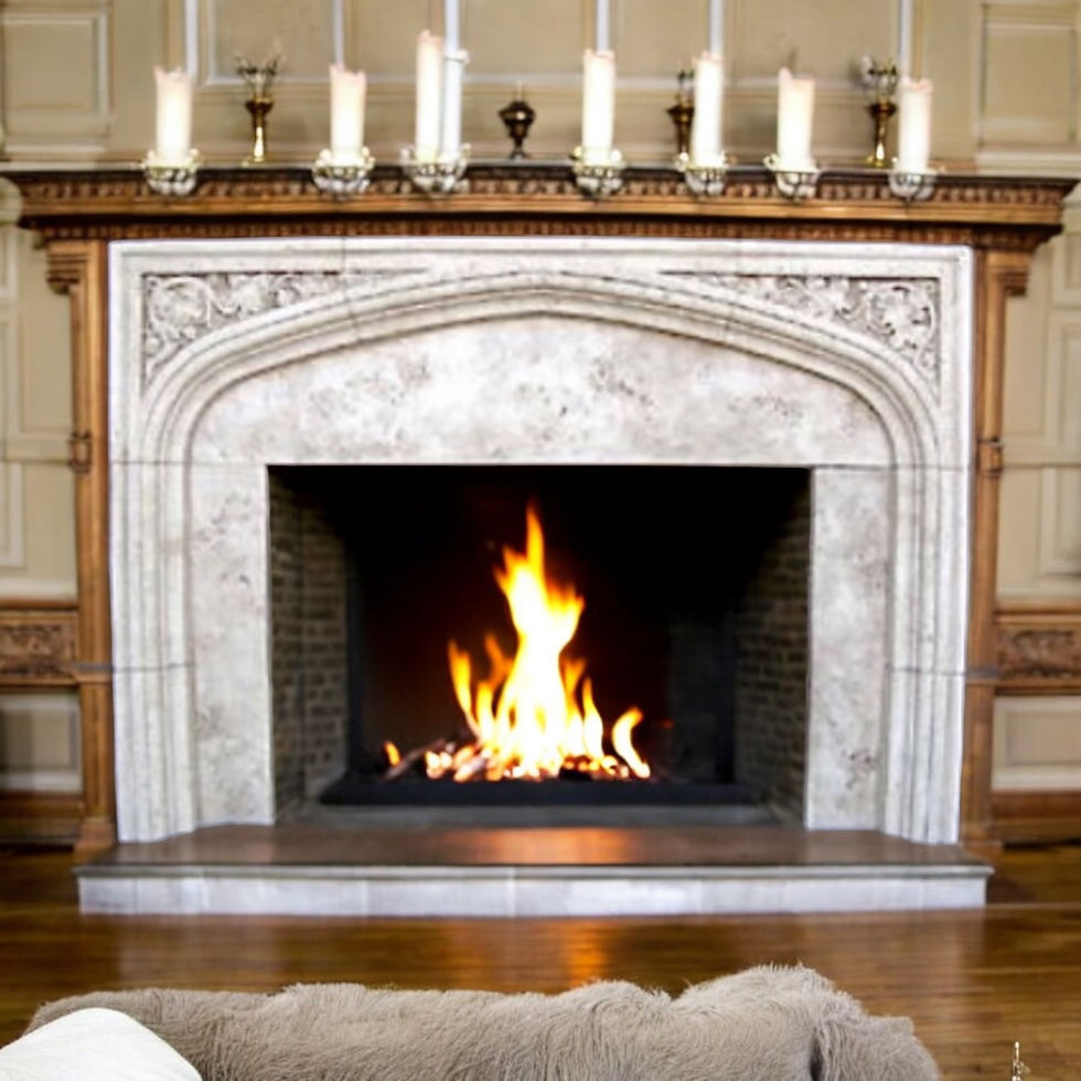 Close-up view of the intricate details on a stone mantel