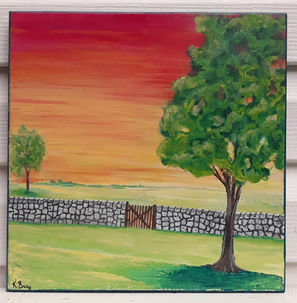 acrylic orange yellow sunset, gray stone fence and green field with trees