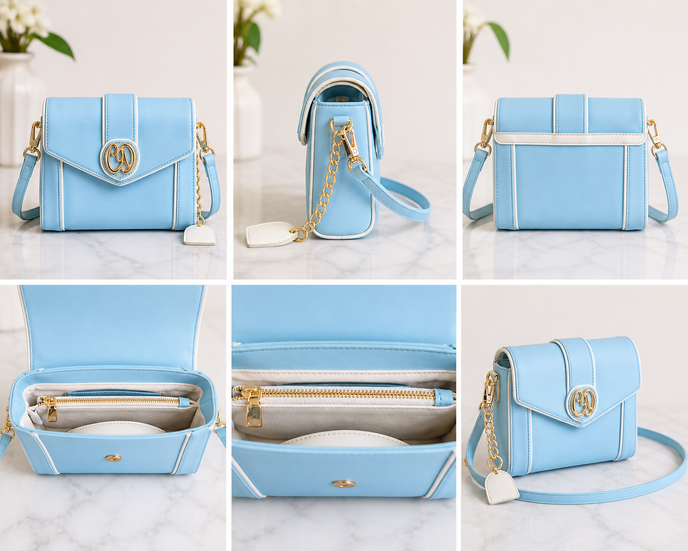 Collage of light blue luxury leather crossword bag