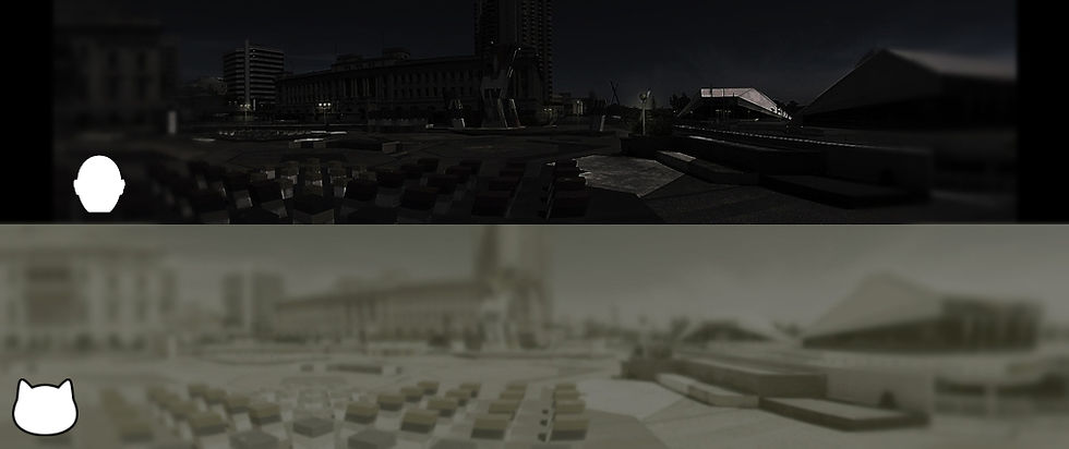 Two images comparing a cat's vision to a human's vision. Dark urban scene with geometric buildings.