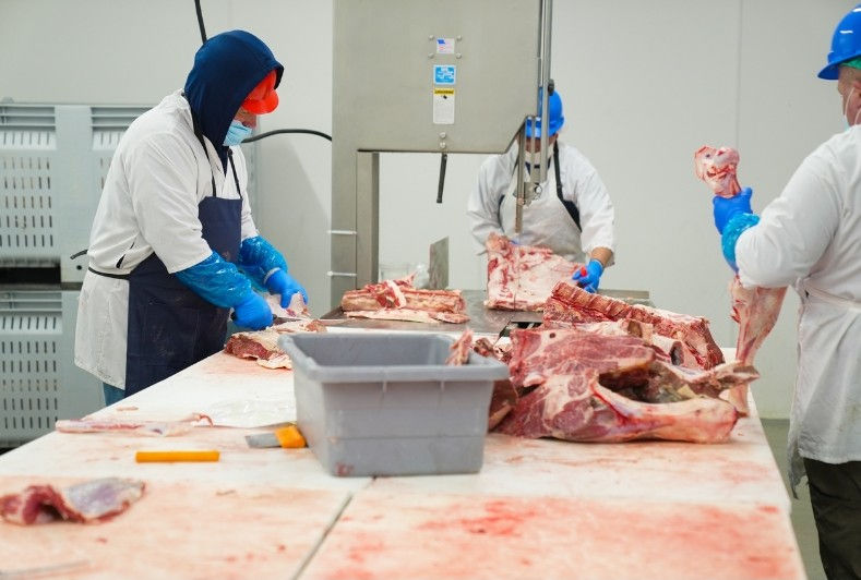 Workers at a meat factory.