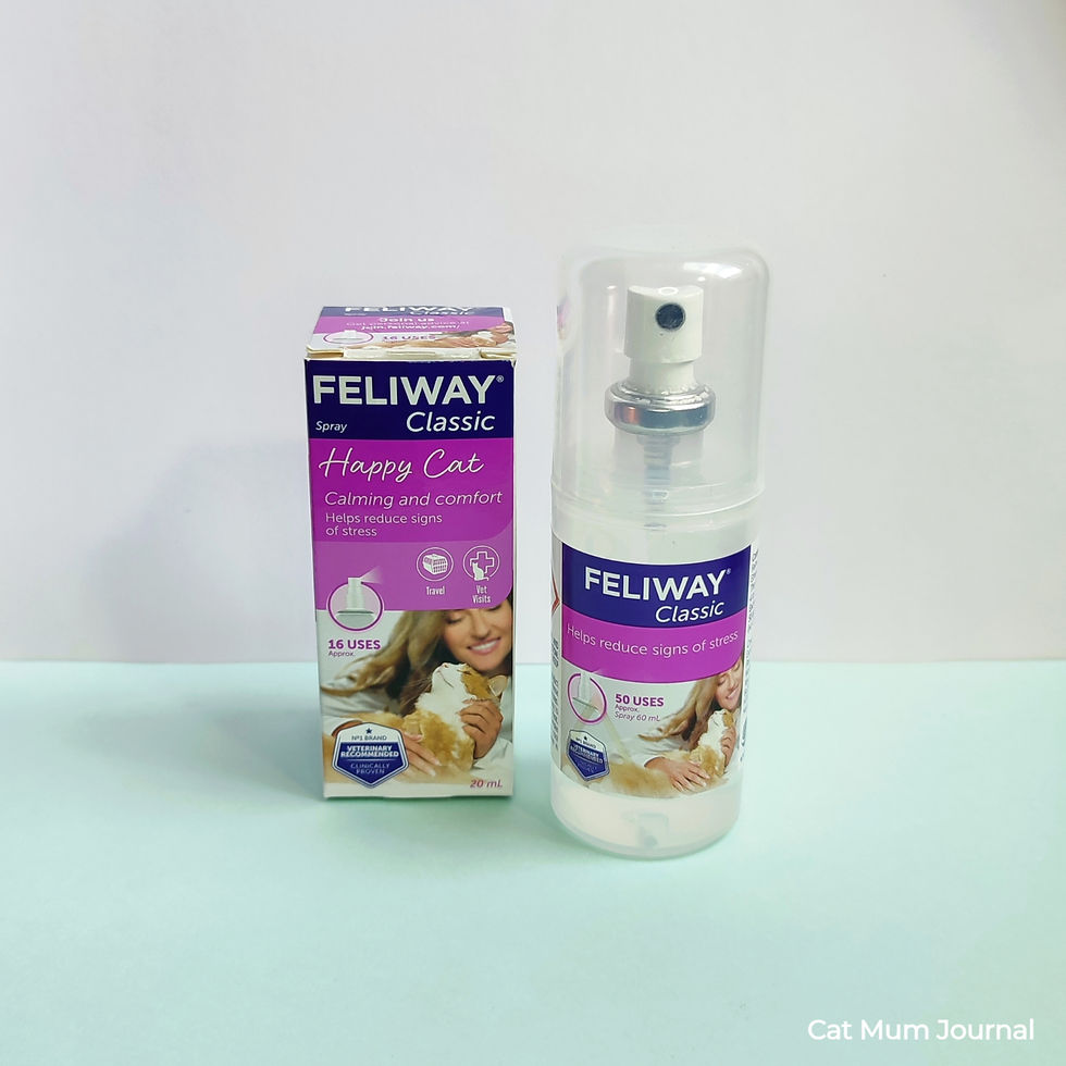 Feliway Classic spray bottle and box on light surface. Box features a woman cuddling a cat, and text about stress relief for cats.