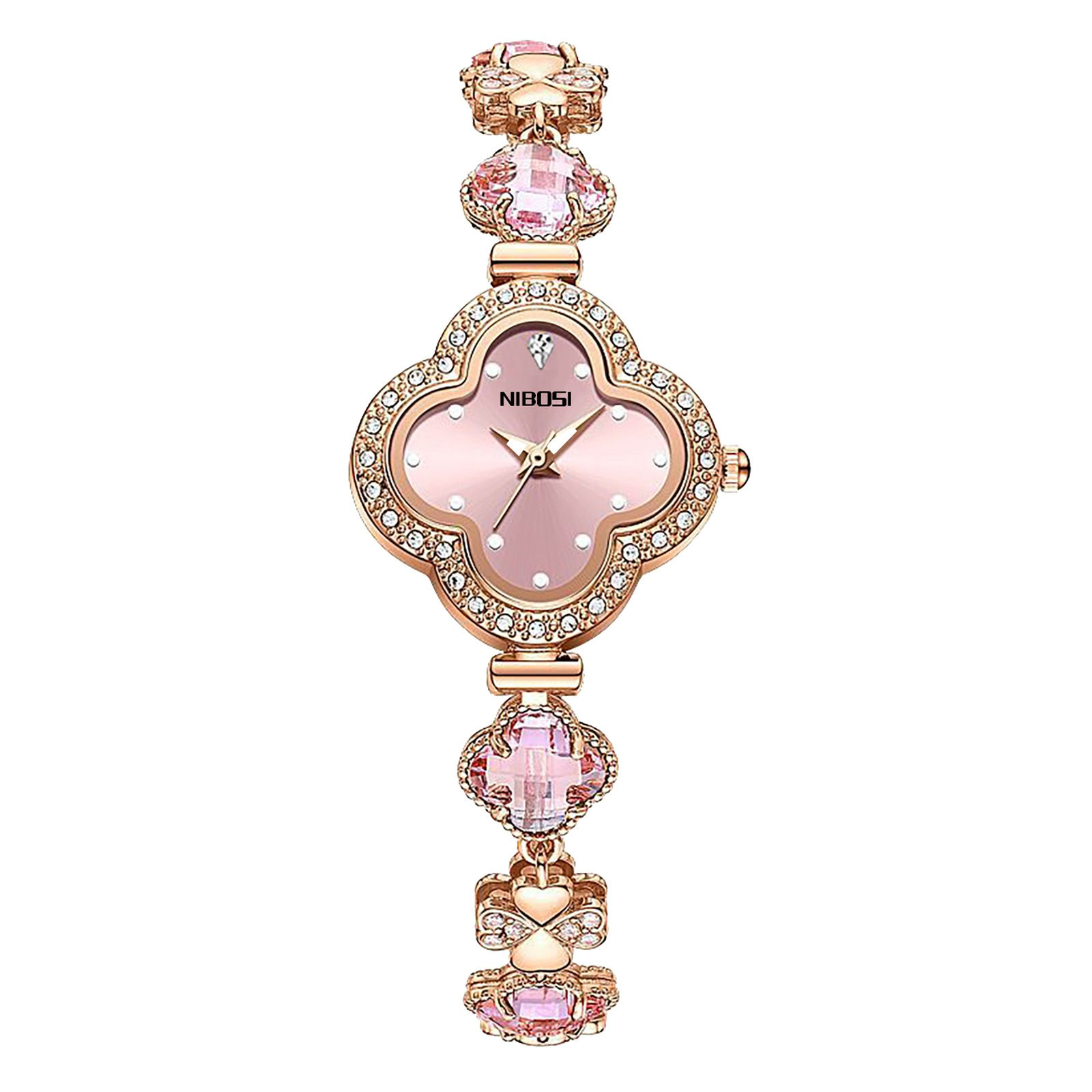 Relógio Trevo da Sorte – Luxo em Cristal Mineral e Ouro Rosé