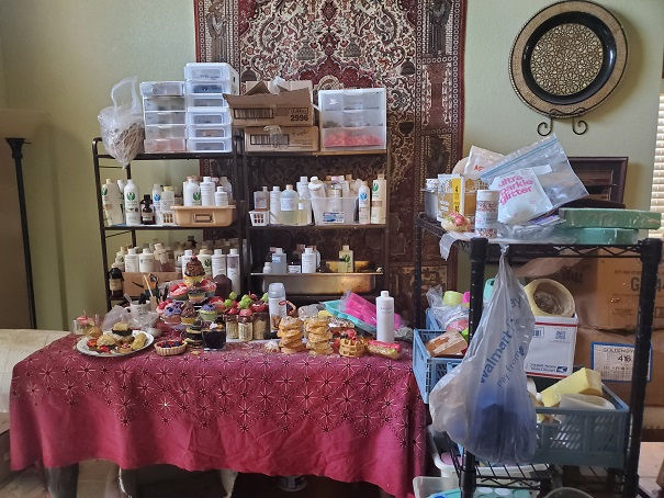 I have converted my dining room into a candle and soap supply area.