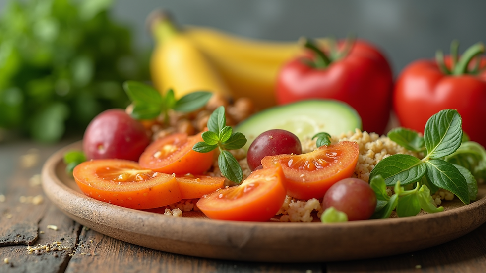 Close-up view of a healthy meal with fruits and vegetables
