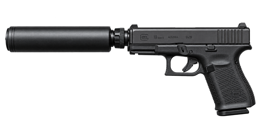 Educational illustration of a pistol with a suppressor on a clean white background