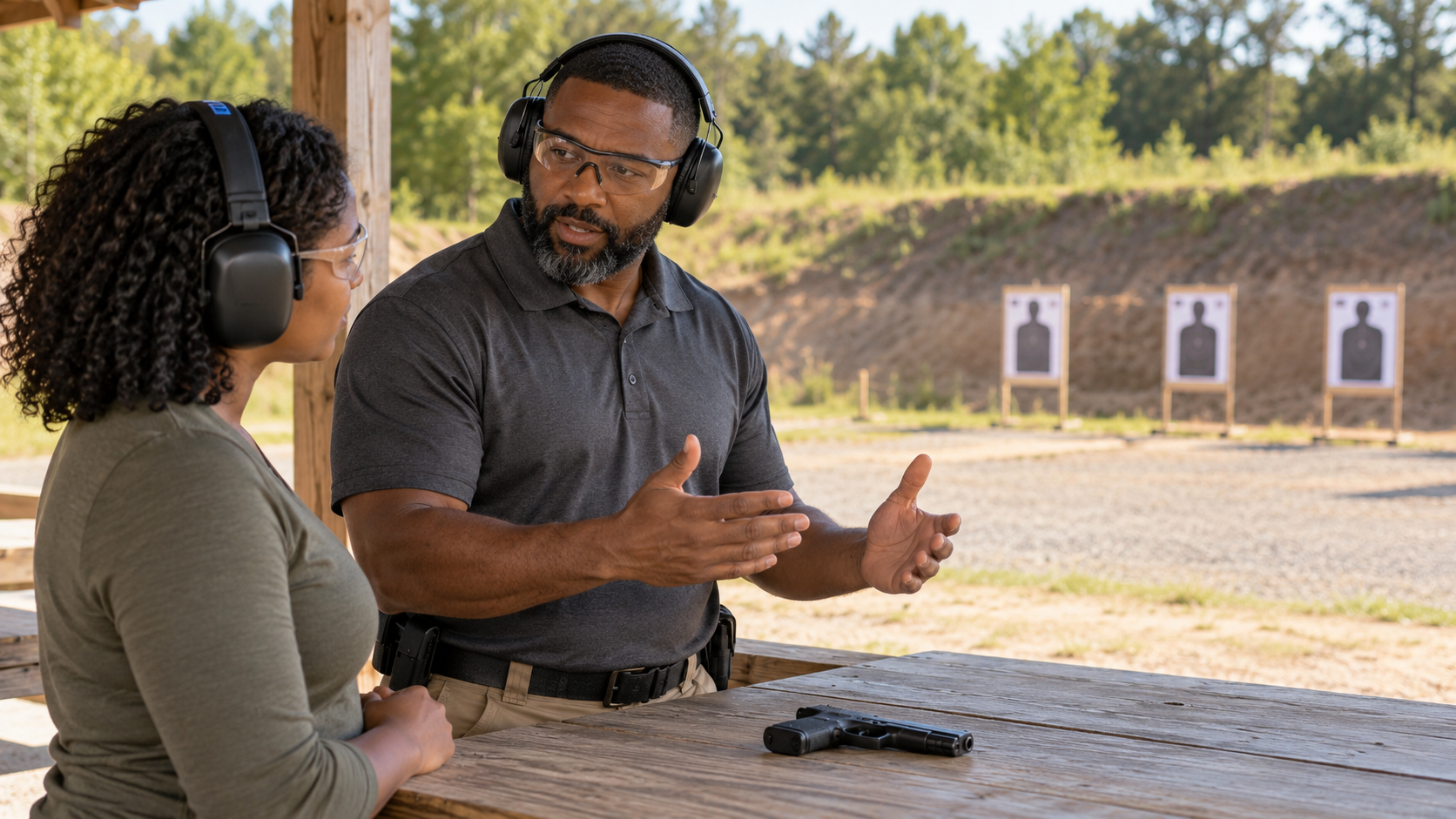Firearms instructor and student training at an outdoor range — Free Basic Firearm Fundamentals Online Course