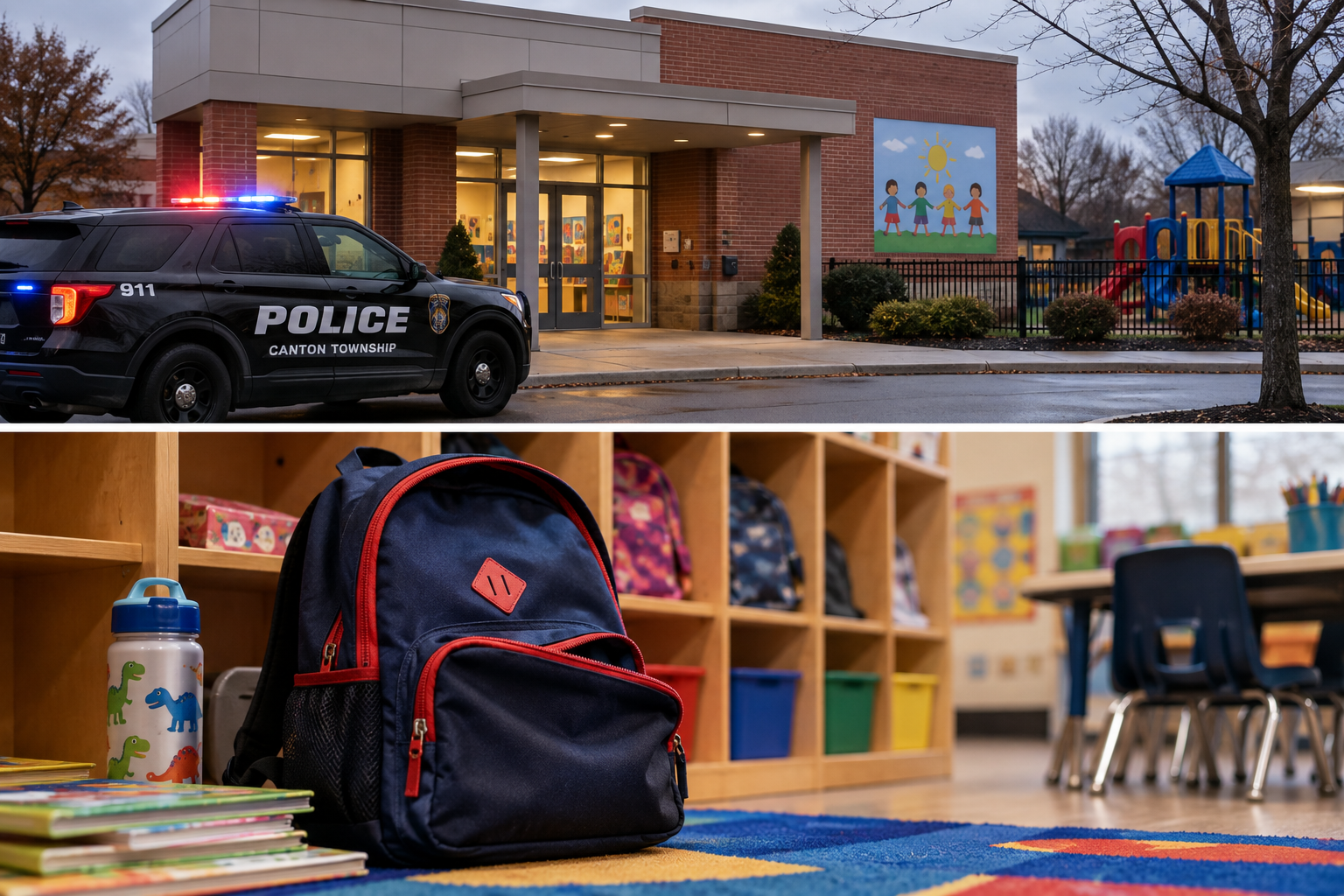 Illustrative daycare police response and child backpack classroom safety scene