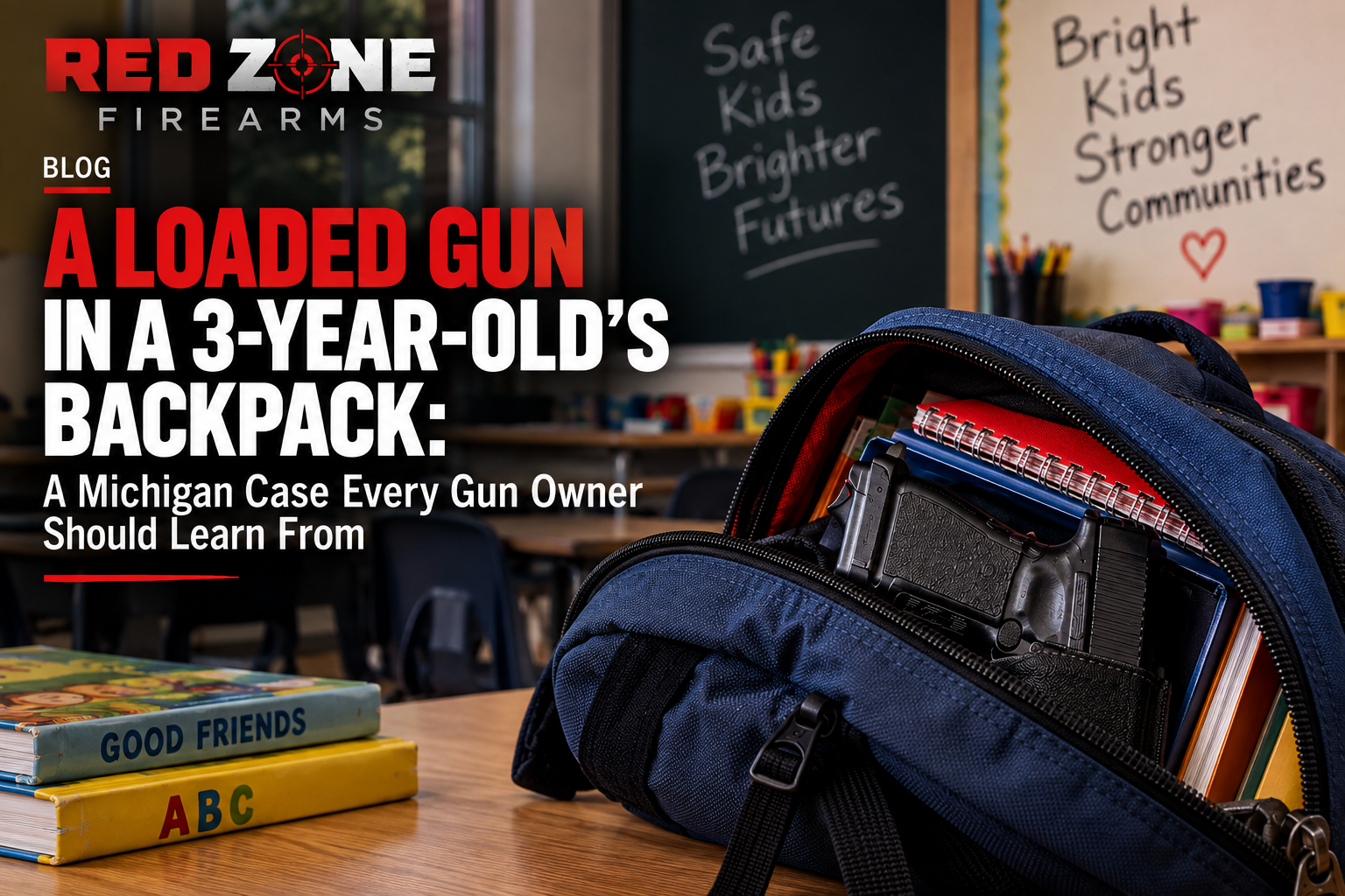 Illustrative classroom backpack with a handgun among school supplies