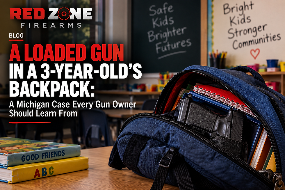 Open child’s backpack in a classroom with a handgun visible among school supplies