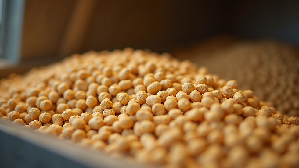 Eye-level view of protein-rich feed pellets in a container