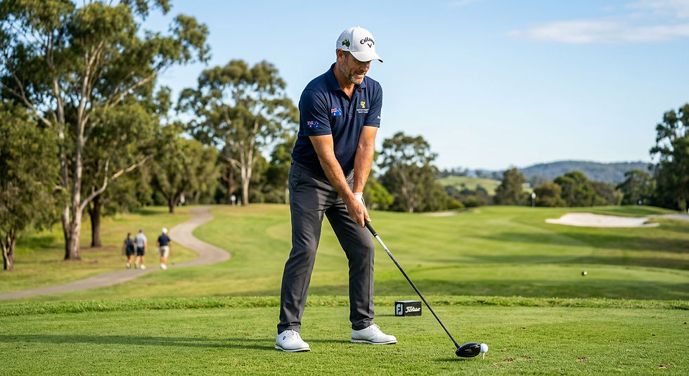 Eye-level view of an Australian male golfer over 40 preparing to swing on a golf course