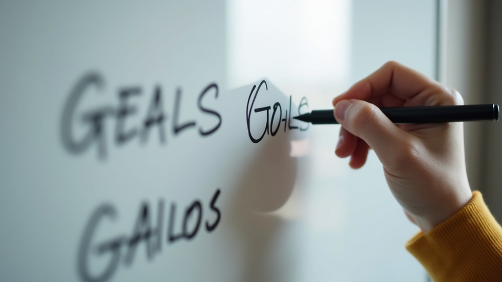 Close-up view of a person writing goals on a whiteboard