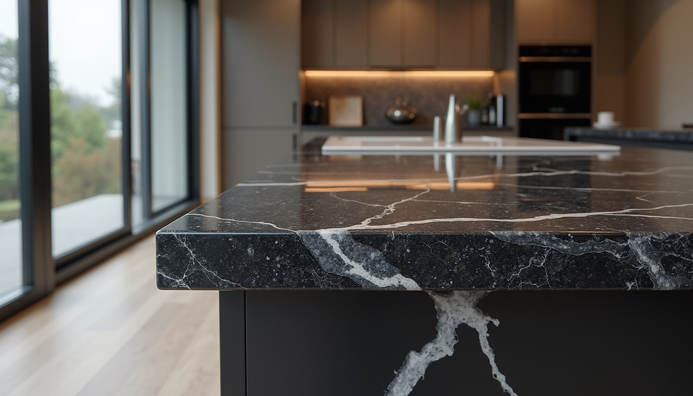 Dark marble waterfall island with bold white veining in a contemporary kitchen