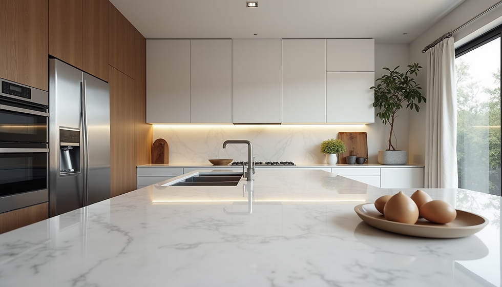 Bright white kitchen with a light quartz countertop and stainless appliances