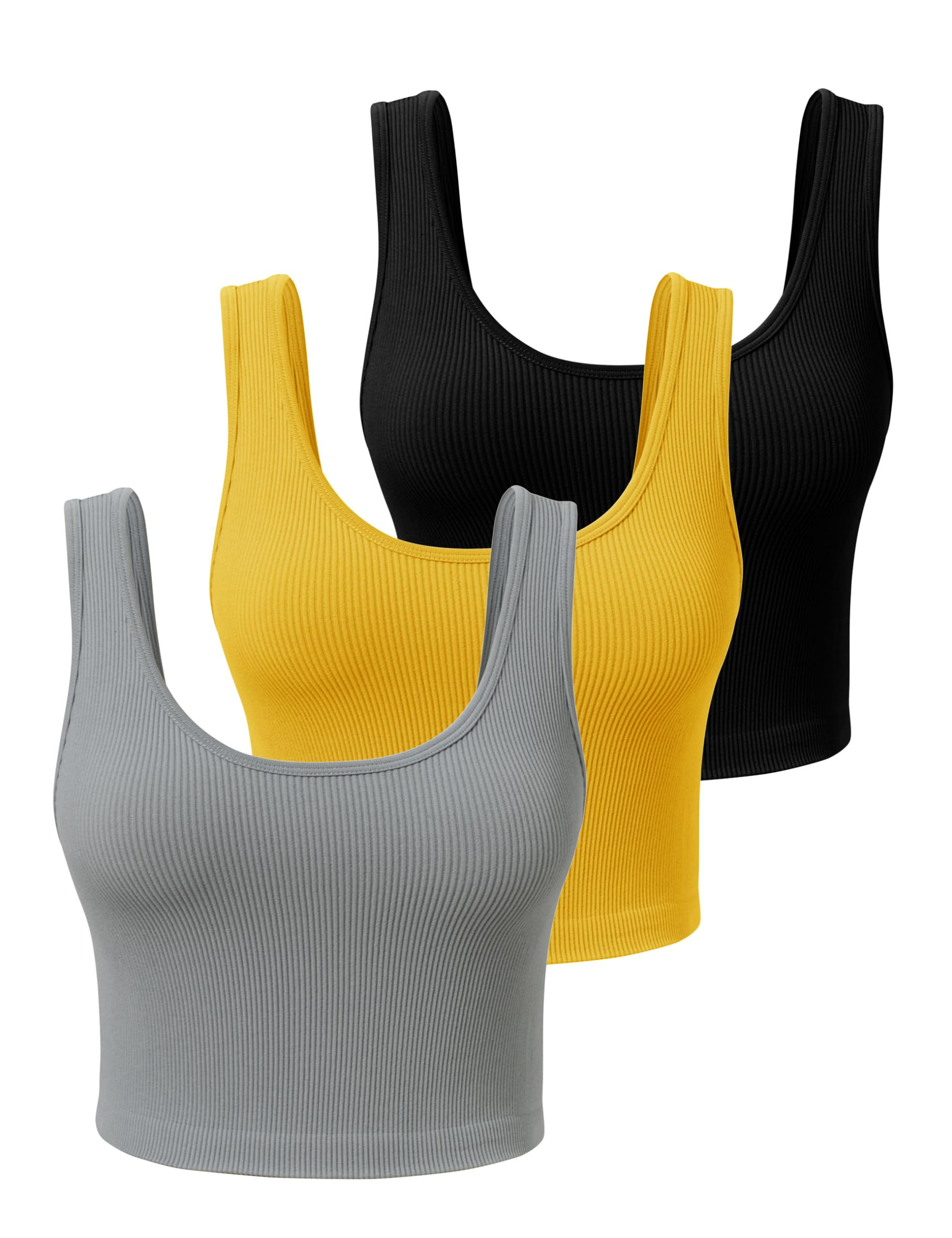 SPRIMEMONG Womens Ribbed Crop Tank Yoga Cropped Top for Workout(BlackChampangeGr