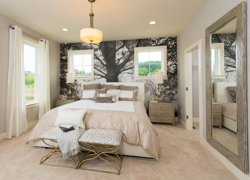 Primary suite interior design Greenville SC — botanical mural wallcovering, neutral bedroom, transitional design by All-lynnteriors