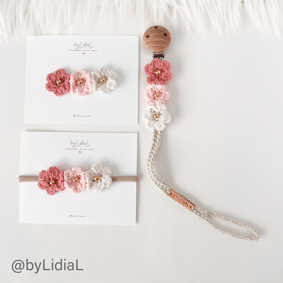 Thumbnail: Handmade Crochet Flower Pacifier Clip, Headband & Hair Clip – Baby Gift