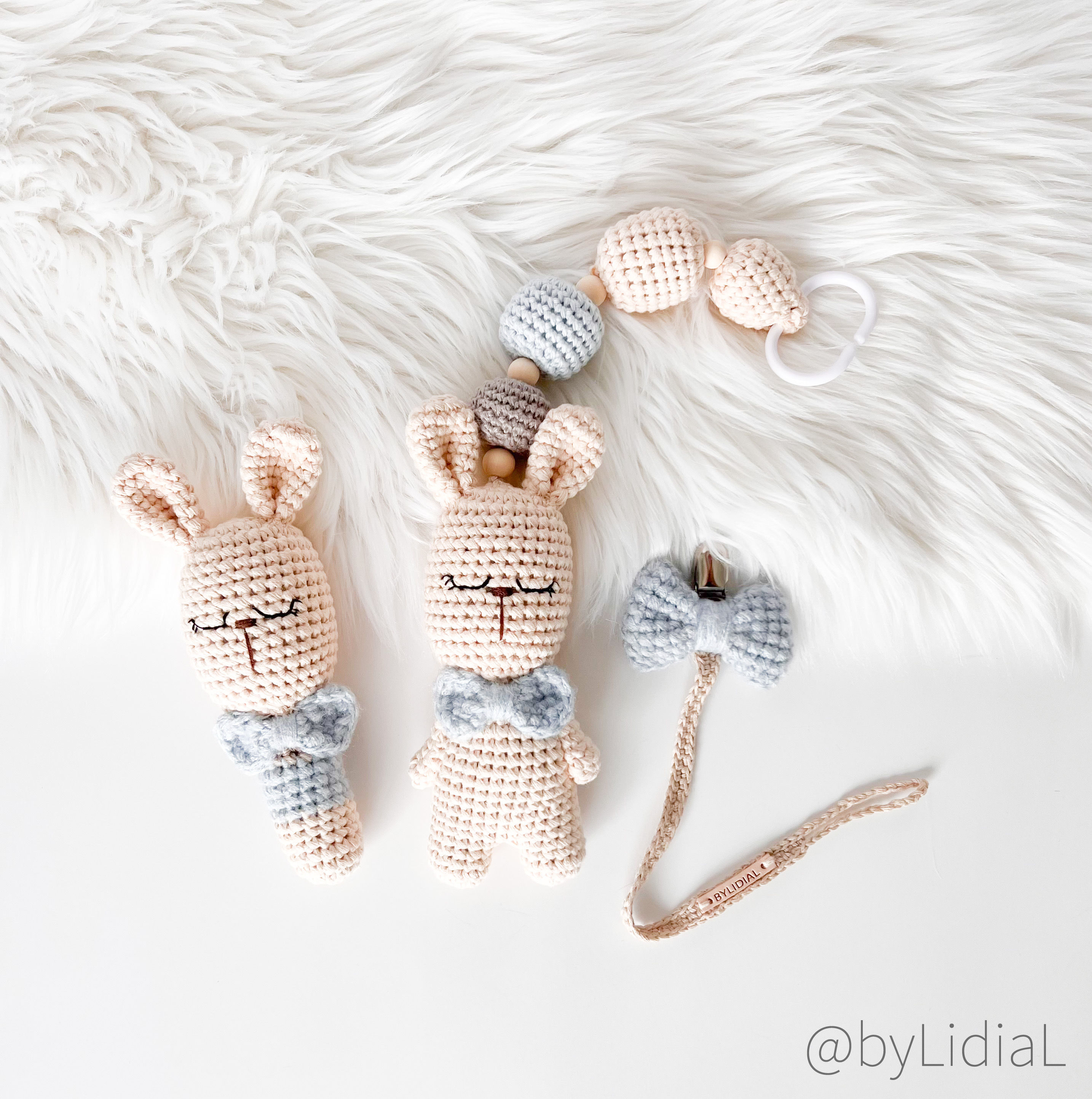 Bunny Stroller Toy Rattle Pacifier Bow Clip Set