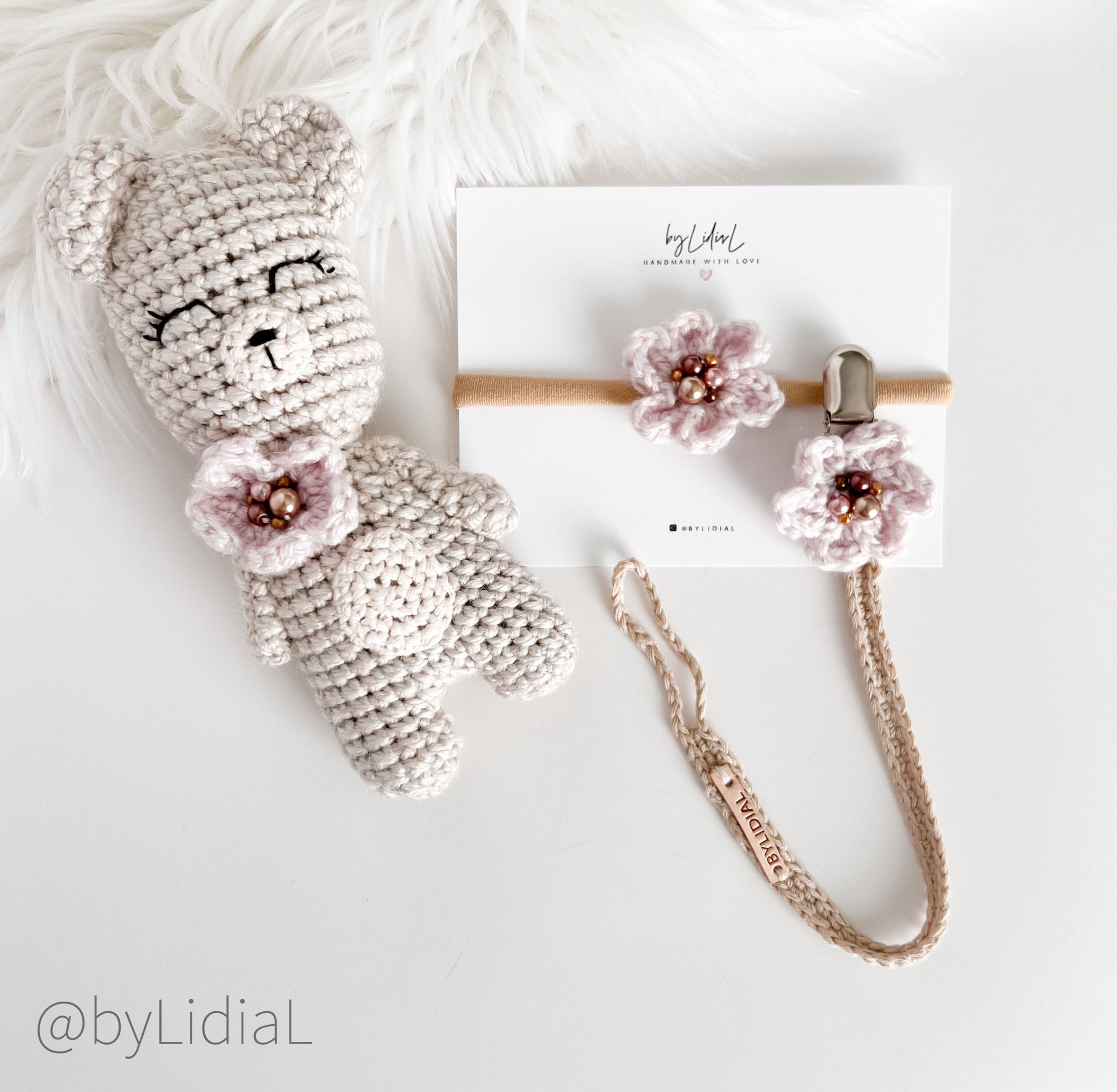  Bear Toy Flower Pacifier Clip and Headband 