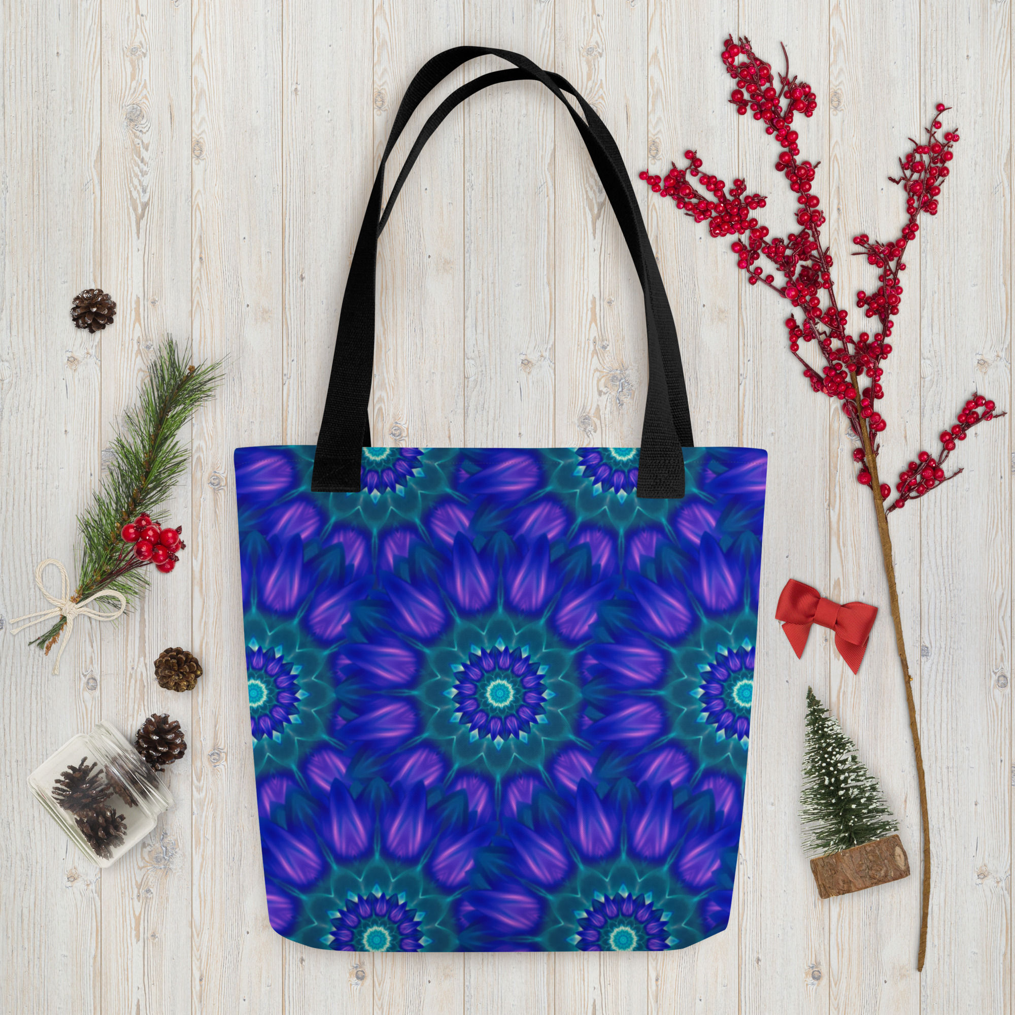 Tote Bag | All-Over Print | Abstract Mandala, Blue Petals Sunflower (ID-179)