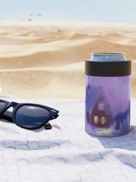 Can cooler, winter inspiration print. Chalet on the mountain watercolor (ID-190)