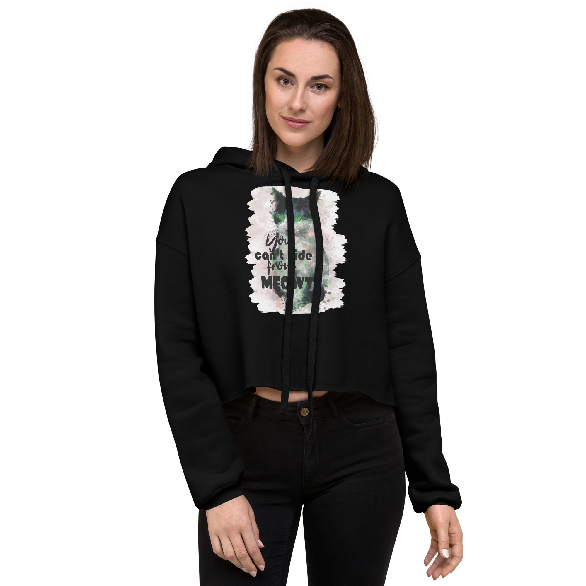 Crop Hoodie | Digital Paint, Cat Black White Green Eyes Letter (ID-139)