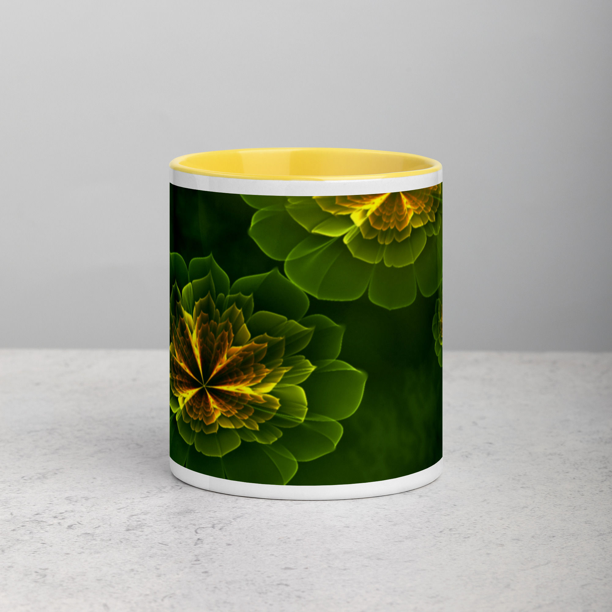 Coffee Mug | Color Inside | Abstract Fractal, Green Flowers Fantasy (ID-009)
