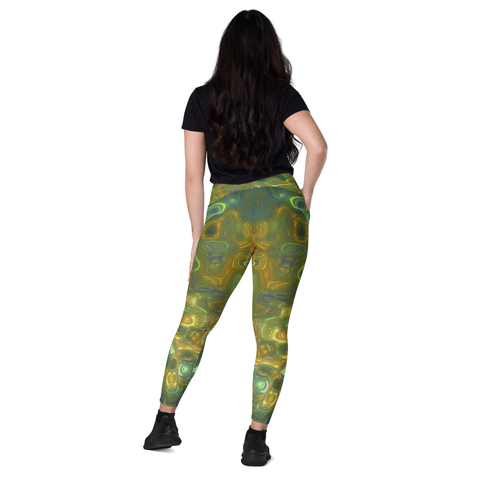 Thumbnail: Leggings | Crossover With Pockets | Abstract Pattern, Green Yellow Mix (ID-085)